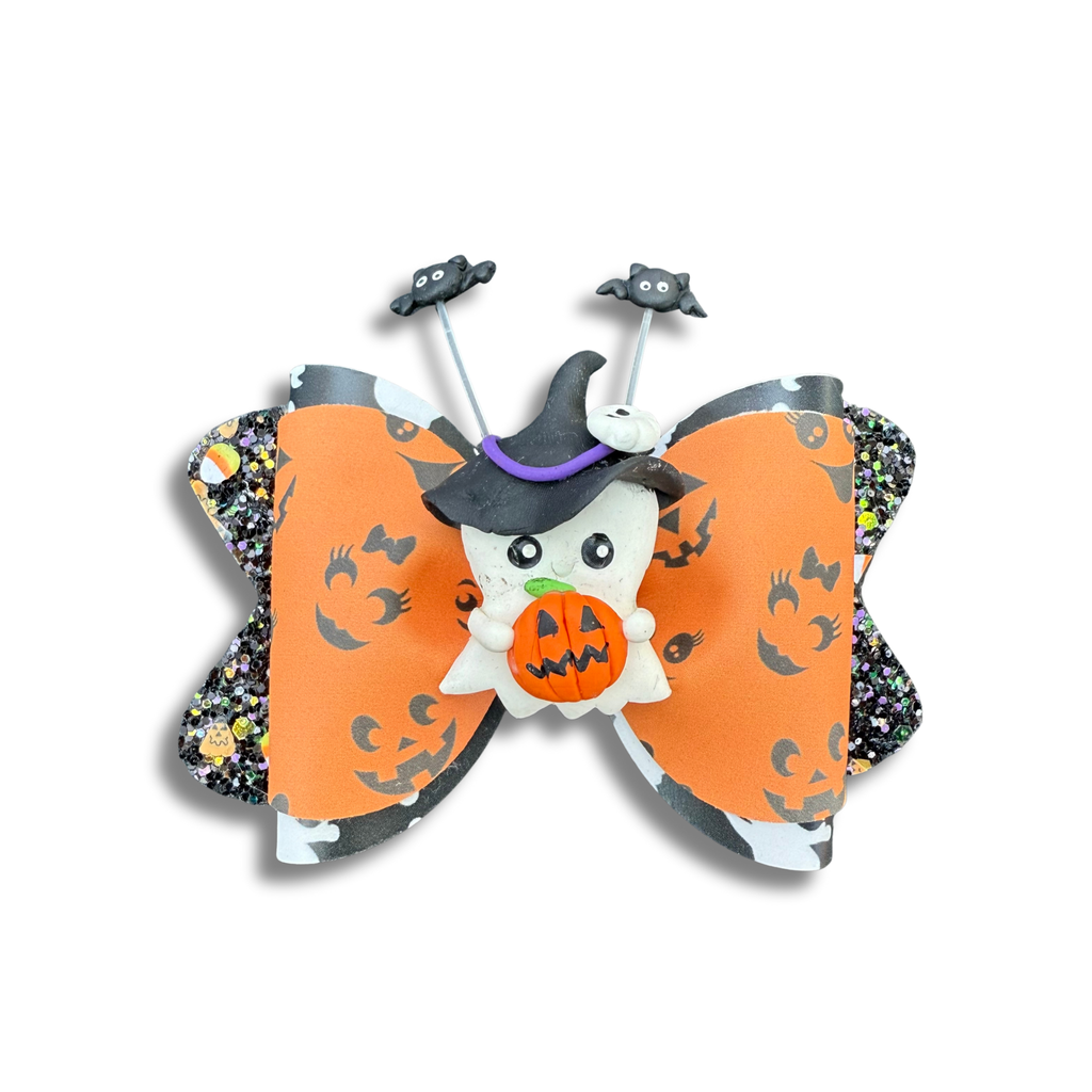 Ghost with Pumpkin - 4 inch Clay Bow - Halloween