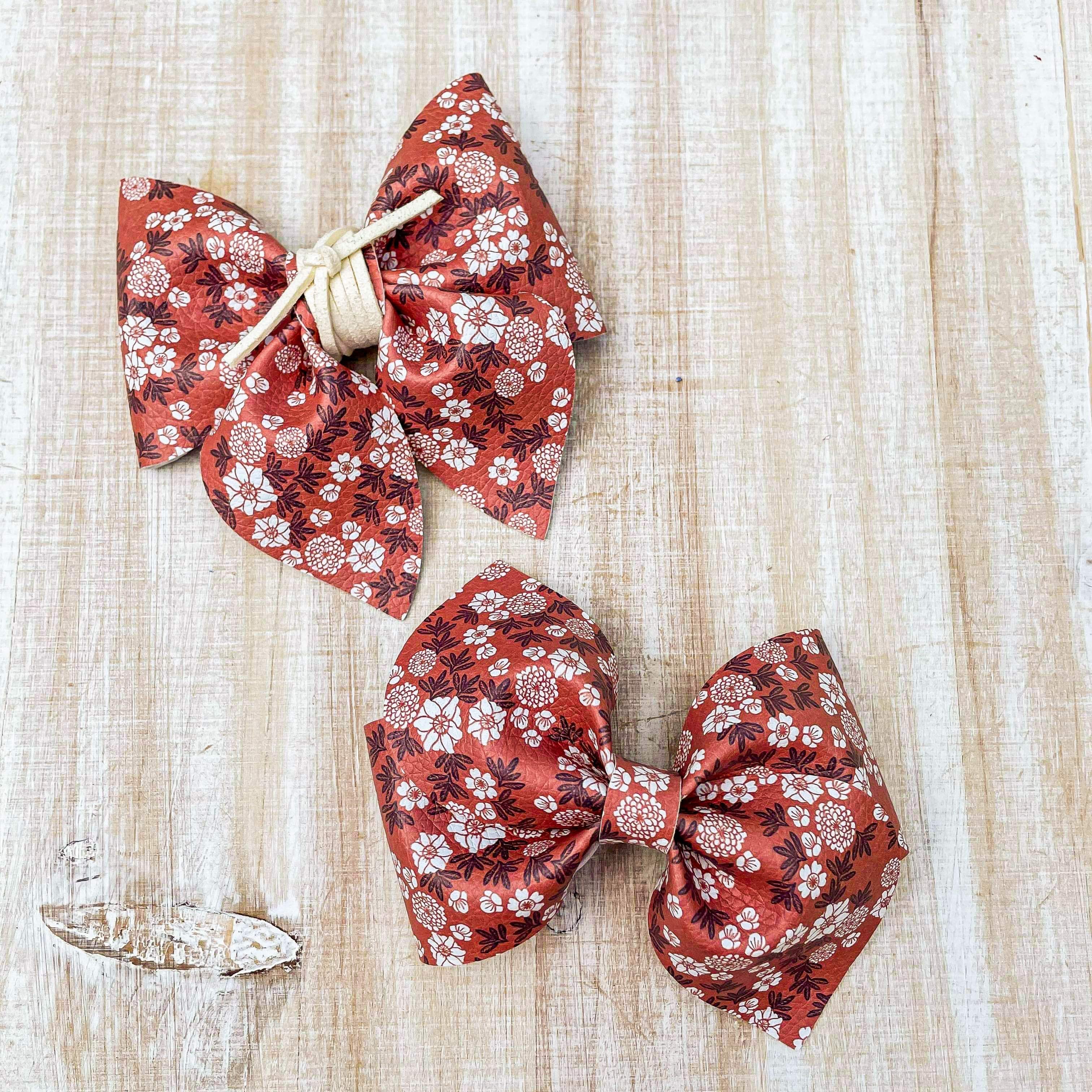 Rust Color Floral - Leather Bow