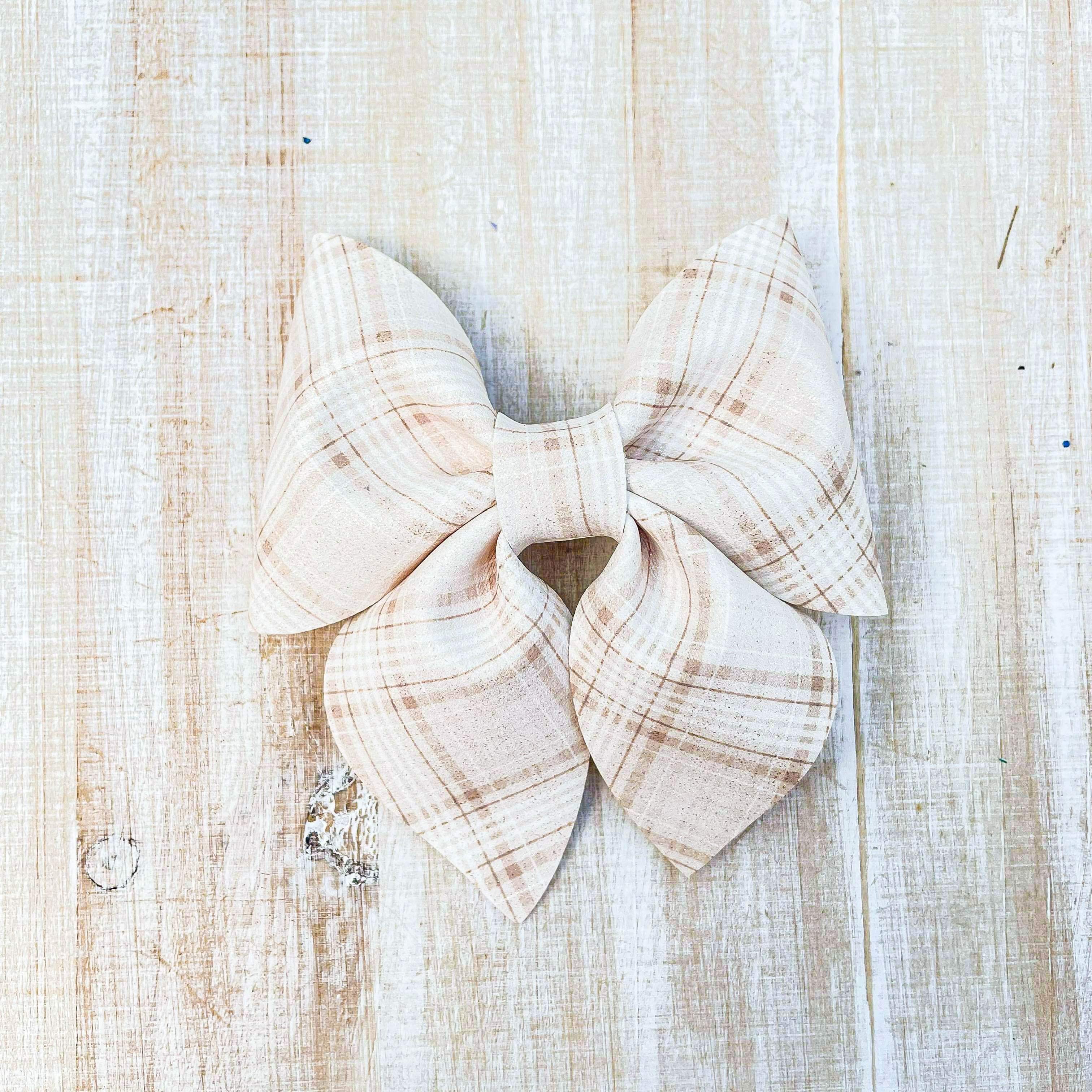 Tan and Cream Plaid Thin Lined 4 inch sailor bow